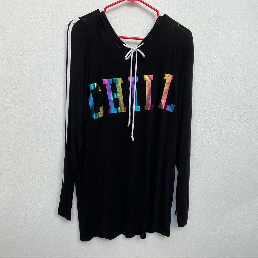 Free Kisses Black Hoodie Holographic Chill Sleeve Stripes Size 2X Lightweight